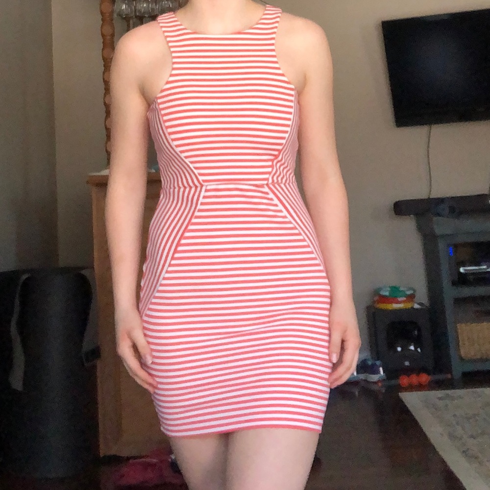 Peach and white striped DEB dress